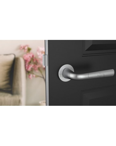 Puxador de porta Cromado acetinado TULIPA porta interior design vista de frente montado numa porta