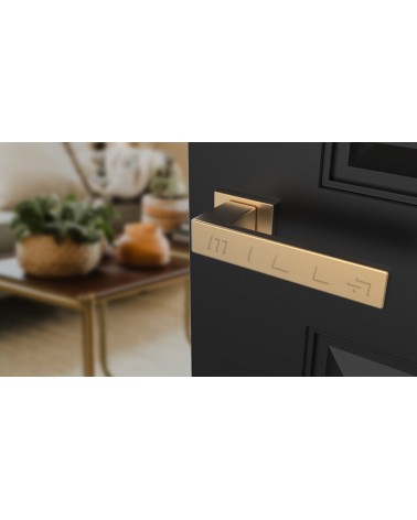 Puxador de porta dourado mate PINA puxador design vista inclinada montado numa porta