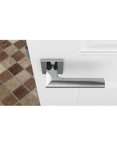Puxador de porta cromado polido JASMINA puxador design vista de cima montado numa porta