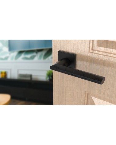 Puxador de porta preto JASMINA puxador design vista inclinada montado numa porta