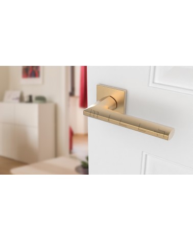 Puxador de porta dourado mate JASMINA puxador design vista inclinada montado numa porta