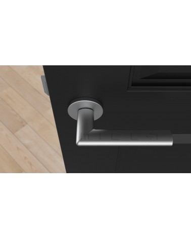 Puxador de porta cromado acetinado KALMIA puxador design vista de cima montado numa porta