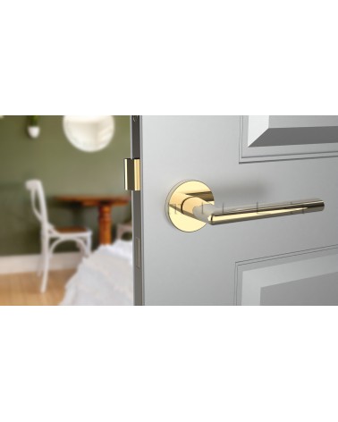 Puxador de porta dourado polido KALMIA puxador design vista de frente montado numa porta