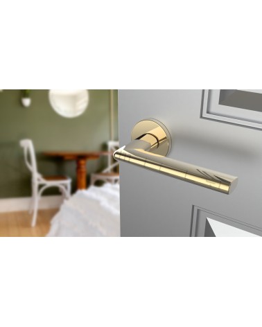Puxador de porta dourado polido KALMIA puxador design vista inclinada montado numa porta