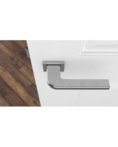 Puxador de porta cromado polido ISMENA ferragens design vista de cima montado numa porta