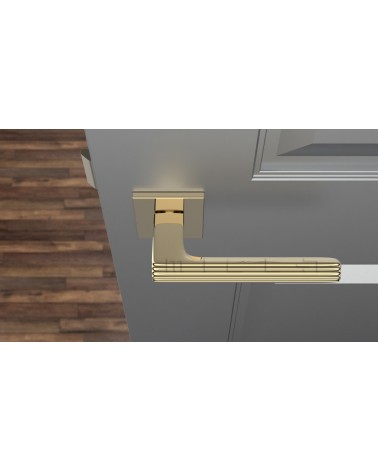 Puxador de porta dourado polido LARICE design vista de cima montado numa porta