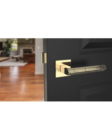 Puxador de porta dourado polido LARICE puxador design vista de frente montado numa porta