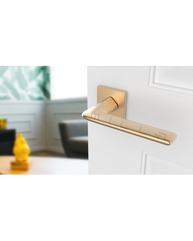 Puxador de porta ouro mate LILA puxador design vista inclinada montado numa porta