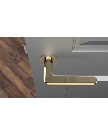 Puxador de porta dourado polido LIRA puxador design vista de cima montado numa porta