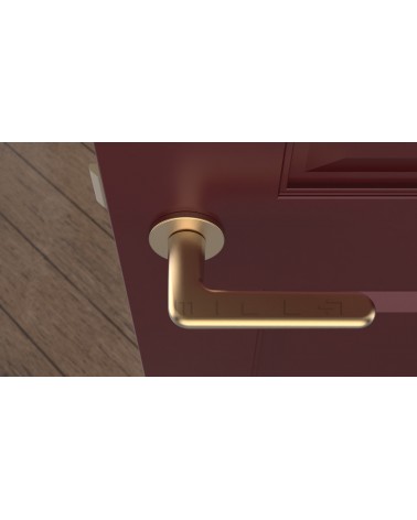 Puxador de porta dourado mate LIRA puxador design vista de cima montado numa porta