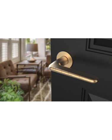 Puxador de porta dourado mate LIRA puxador design vista de cima inclinada montado numa porta