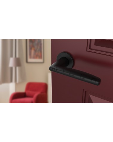 Puxador de porta preto LUNA puxador design vista inclinada montado numa porta