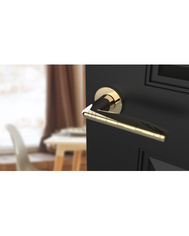 Puxador de porta dourado polido LUNA puxador design vista inclinada montado numa porta