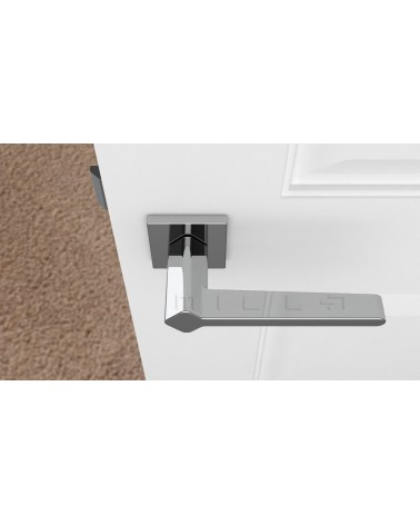 Puxador de porta cor cromo polido NINFEA puxador design vista de cima montado numa porta