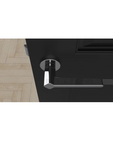 Puxador de porta estilo futurista NINFEA ferragens design vista de cima montado numa porta