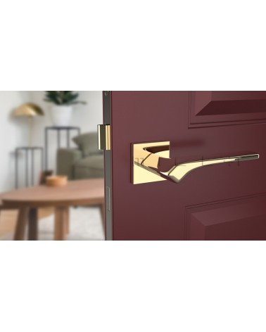 Puxador de porta dourado polido BERGERIA ferragens design vista de frente montado numa porta