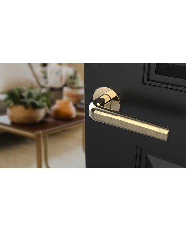 Puxador de porta dourado polido INULLA puxador design vista inclinada montado numa porta
