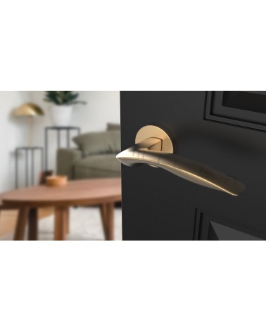 Puxador de porta dourado mate ROBINE ferragens design vista de cima inclinada montado numa porta
