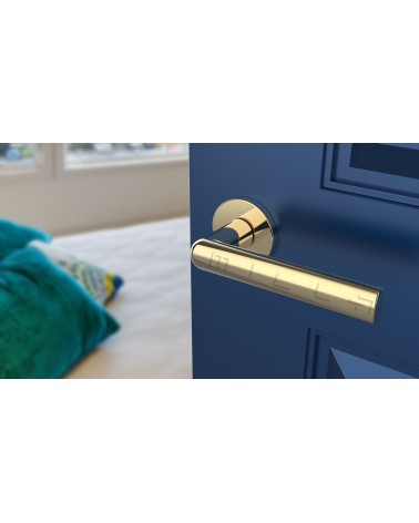 Puxador de porta ouro polido SILENA ferragens design vista inclinada montado numa porta