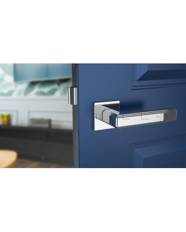 Puxador de porta em zamak RAFLESIA puxador design cor 2 montado numa porta azul