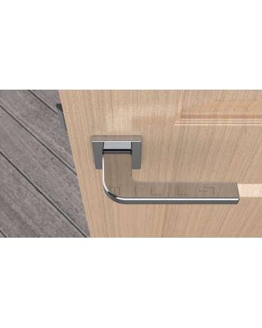 Puxador de porta cromado polido ISMENA puxador design visto de cima montado numa porta