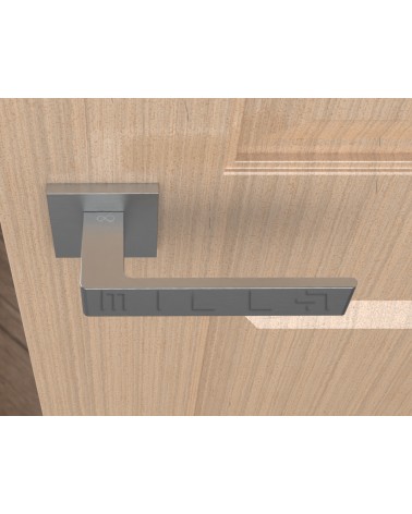 Puxador de porta cromado escovado Apollo puxador design vista de cima montado numa porta