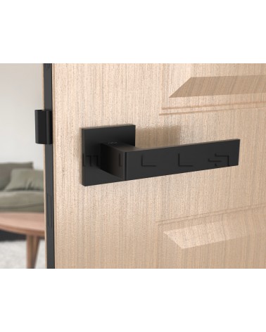 Puxador de porta preto Apollo design vista de frente montado numa porta