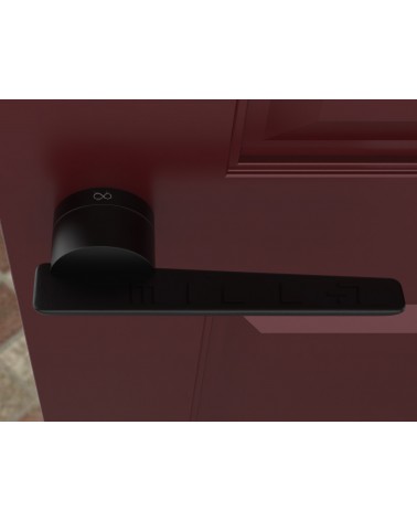 Puxador de porta preto JUMELLE puxador design vista de cima montado numa porta