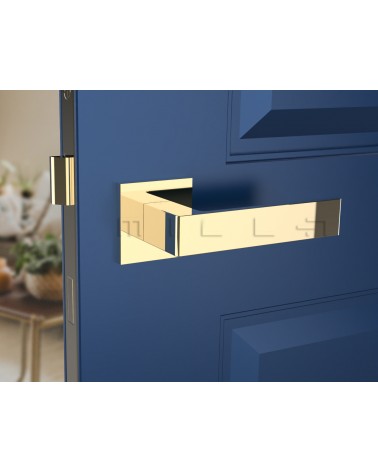 Puxador de porta ouro polido Apollo puxador design vista frontal montado numa porta