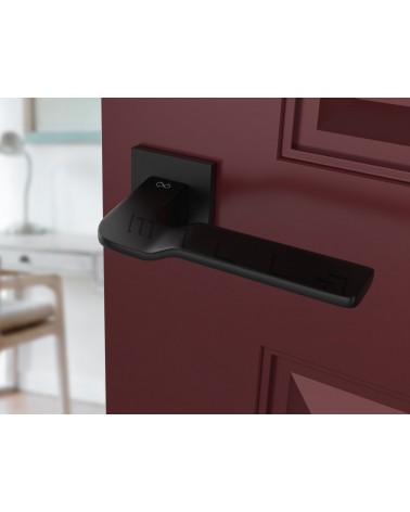 Puxador de porta preto LINE BALI puxador design vista inclinada montado numa porta