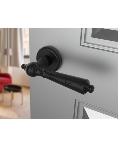 Puxador de porta preto MILLENAIRE puxador design vista inclinada montado numa porta