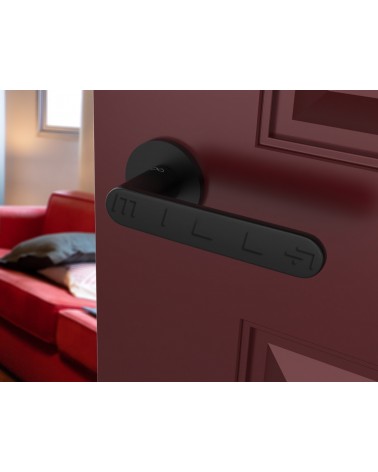 Puxador de porta preto Line Vénus design montado numa porta entreaberta