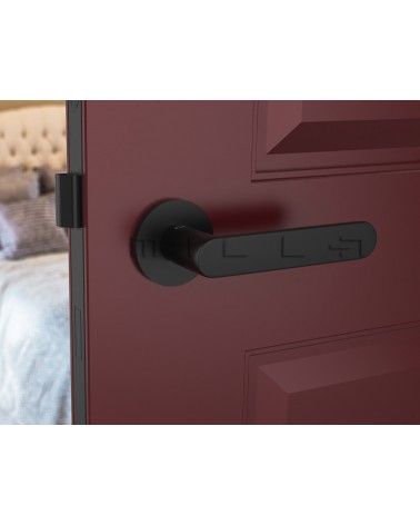 Puxador de porta preto Line Vénus design visto de frente montado numa porta