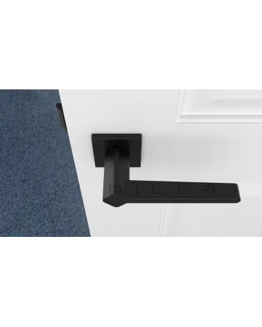 Puxador de porta em placa quadrada NINFEA puxador design cor 1 vista de cima montado numa porta