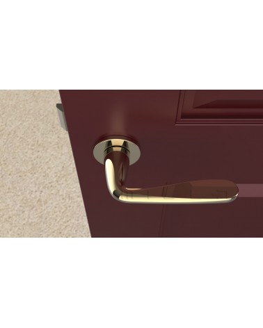 Puxador de porta em placa redonda HIACYNTA puxador design cor 1 vista de cima montado numa porta