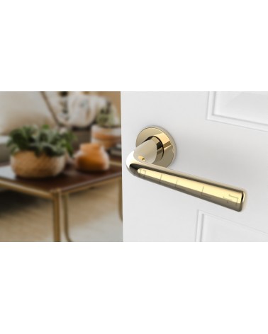 Puxador de porta em zamak TULIPA puxador design cor 2 vista de cima inclinada montado numa porta