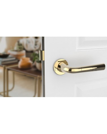 Puxador de porta em zamak TULIPA puxador design cor 2 vista de frente montado numa porta