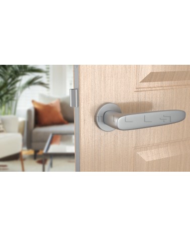 Puxador de porta em zamak ROSA design cor 1 vista de frente montado numa porta