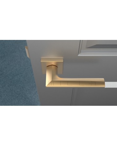 Puxador de porta em zamak JASMINA puxador design cor 3 vista de cima inclinada montado numa porta
