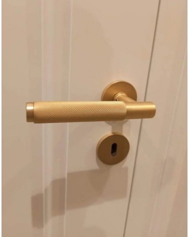 Puxador de porta dourado acetinado Time Slim puxador design montado numa porta vista de frente
