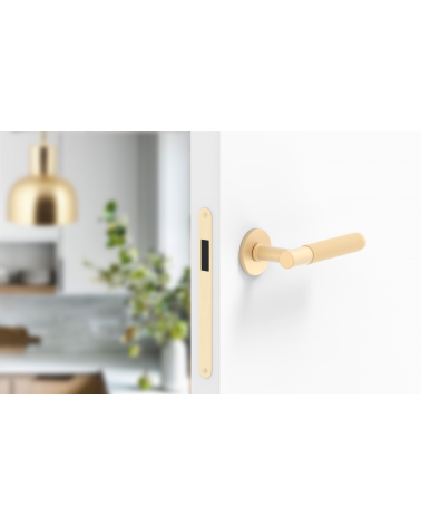 Puxador de porta dourado acetinado Time Slim puxador design montado numa porta entreaberta