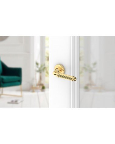 Puxador de porta dourado polido ARIA Slim design montado numa porta entreaberta