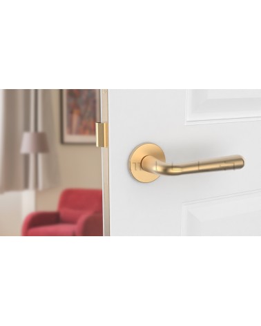 Puxador de porta Ouro Acetinado IRGA puxador design vista inclinada montado numa porta