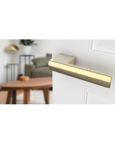 Puxador de porta dourado polido BRISA puxador design montado numa porta entreaberta