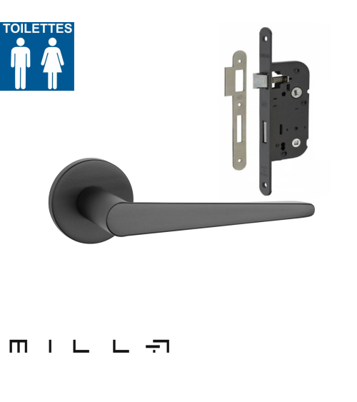 Puxador de porta preto com uma fechadura WC preta para uma porta de casa de banho sobre fundo branco