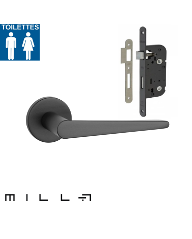 Puxador de porta preto com uma fechadura WC preta para uma porta de casa de banho sobre fundo branco