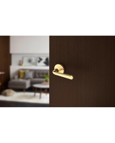 Puxador de porta ouro polido HANDY puxador design montado numa porta entreaberta