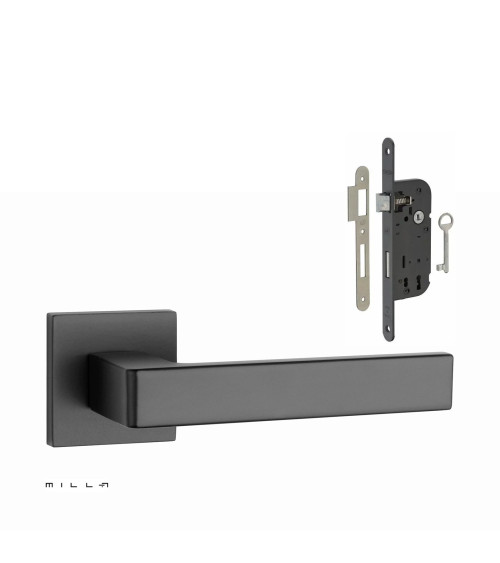 Set puxador de porta preto SULLA com a fechadura Chave de Quarto preta sobre fundo branco