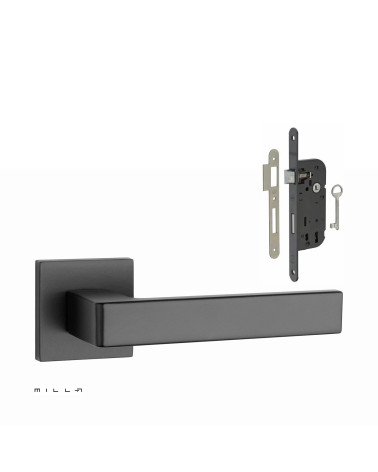 Set puxador de porta preto SULLA com a fechadura Chave de Quarto preta sobre fundo branco