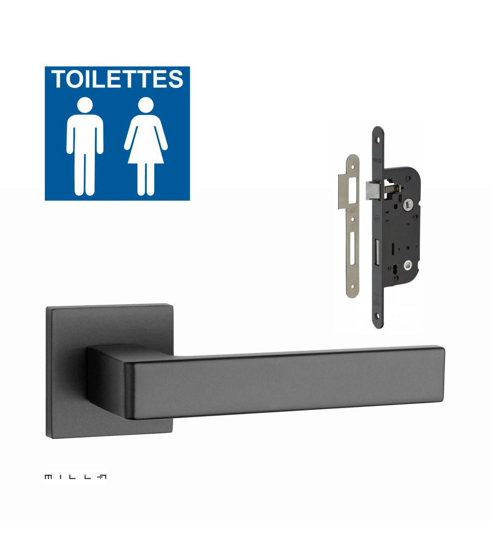 Set puxador de porta preto SULLA com a fechadura WC preta sobre fundo branco